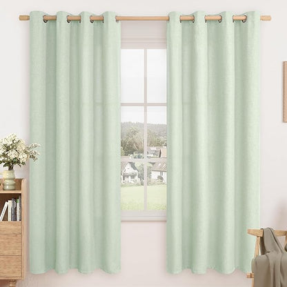 LAMIT Thermal Linen Curtains for Living Room, 72 Inch Linen Textured Light Reducing Curtains Gromment Privacy Boho Panels for Bedroom/Farmhouse, Set of 2 Panels, W52 x L72, Light Green