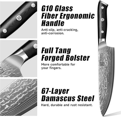 KEEMAKE Chef Knife, 8 Inch Damascus Kitchen Knife, 67 Layers Damascus Steel Knife with Japanese VG10 Core, Razor Sharp Chefs Knife with Ergonomic G10 Handle for Meat Vegetable