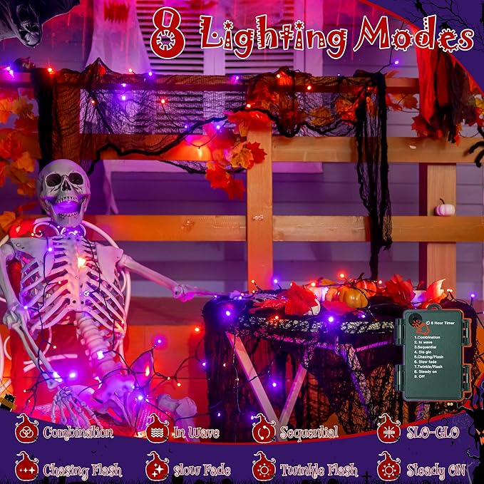 Ollny Halloween Lights with Creepy Cloth, 50LED 16FT Waterproof Orange and Purple String Lights with 8 Lighting Modes Timer, Battery Operated Fairy Lights for Indoor Party Yard Decor