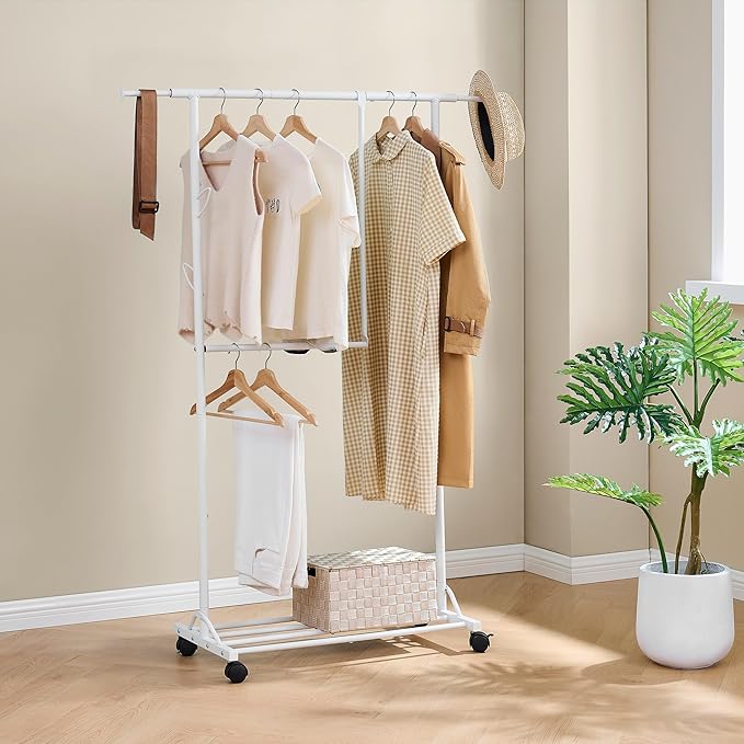 FAVOOSTY Clothing racks for hanging clothes with wheels, Adjustable Dismantle Double Rod, Heavy Duty Clothes Organizer Hanging, Pants Scarves Dress Suits, Multi-functional, Bedroom Studio White