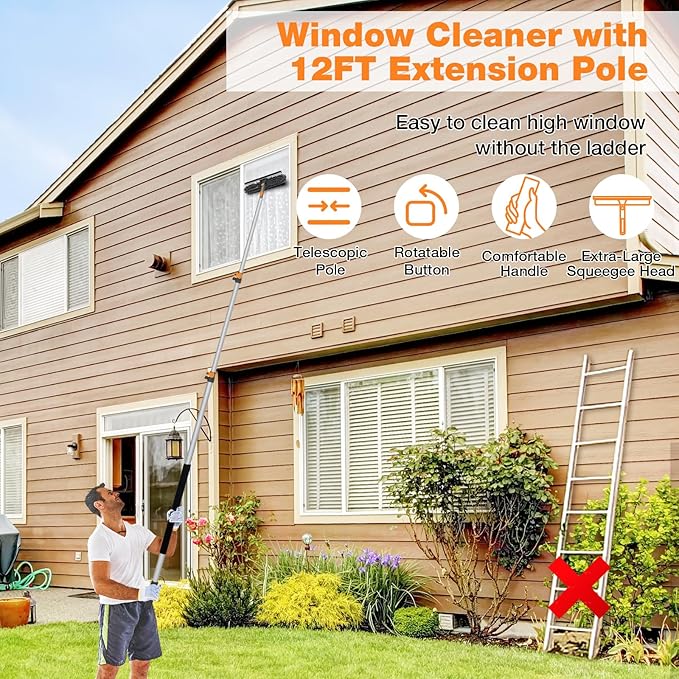 12Ft Window Squeegee with Extension Poles, 2-in-1 Window Cleaning Kit with Telescopic Pole, Extra-Large 14" Window Squeegee, Window Cleaner Tool with Adjustable Head, for High Window, Glass, RV