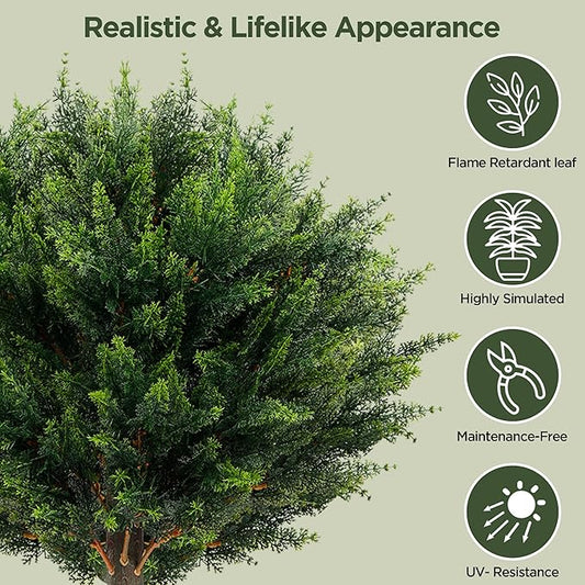 Artificial Cypress Topiary 2 Pack, UV Resistant Artificial Shrub Bushes with Ground Spike, Fake Evergreen Artificial Plant Bush for Front Porch, Garden, Indoor, Outdoor Planters