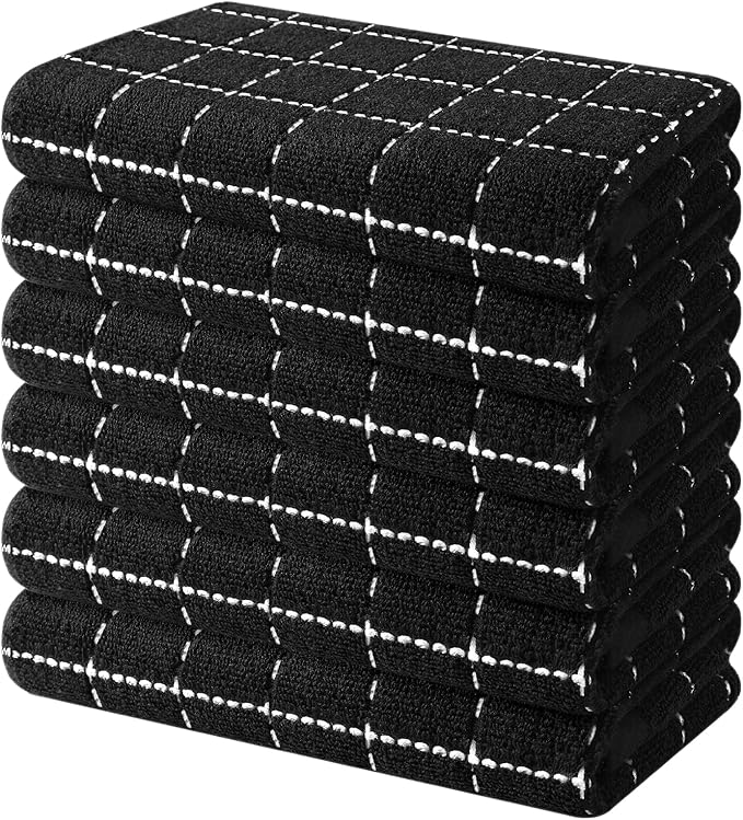 Mordimy 100% Cotton Terry Cloth Kitchen Towels, Super Soft and Absorbent Dish Towels for Drying, Checkered Designed Hand Towels for Kitchen, 16 x 26 Inches, 6 Pack, Black