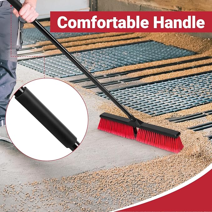 24" Push Broom Outdoor with 63" Long Handle and Stiff Bristles, Heavy Duty Outdoor Broom Brush for Workshop, Garage, Concrete, Patio and Deck Floor Sweeping