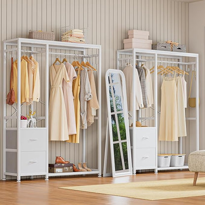 Lulive Clothes Rack, Heavy Duty Garment Rack for Hanging Clothes, Industrial Clothing Racks with Shelves, 2 Fabric Drawers, 4 Hooks, 2 Hanging Rods, Freestanding Closet Organizer (Modern)