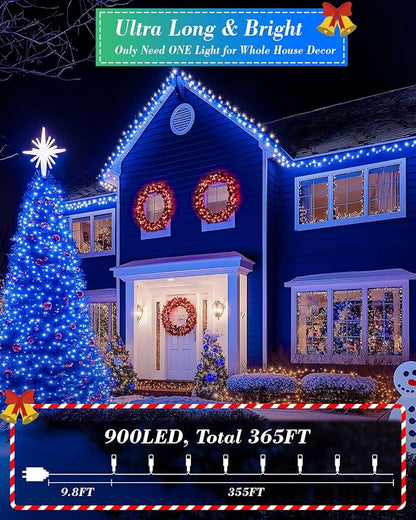 355FT 900 LED Christmas Lights, Extra Long Outdoor String Lights Waterproof, Timer & Memory, 8 Modes Dimmable Plug in Fairy Lights for Outside Tree Wedding Patry Holiday Decorations, Blue