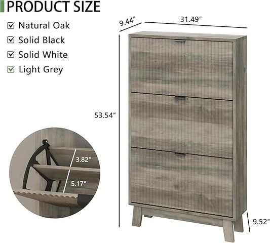 Shoe Cabinet with 3 Flip Drawers, 54" Tall Narrow Fluted Shoe Storage Organizer for Entryway, Hidden Slim Wooden Shoe Rack Cabinet for Front Door Entrance, Hallway, Living Room, Light Grey