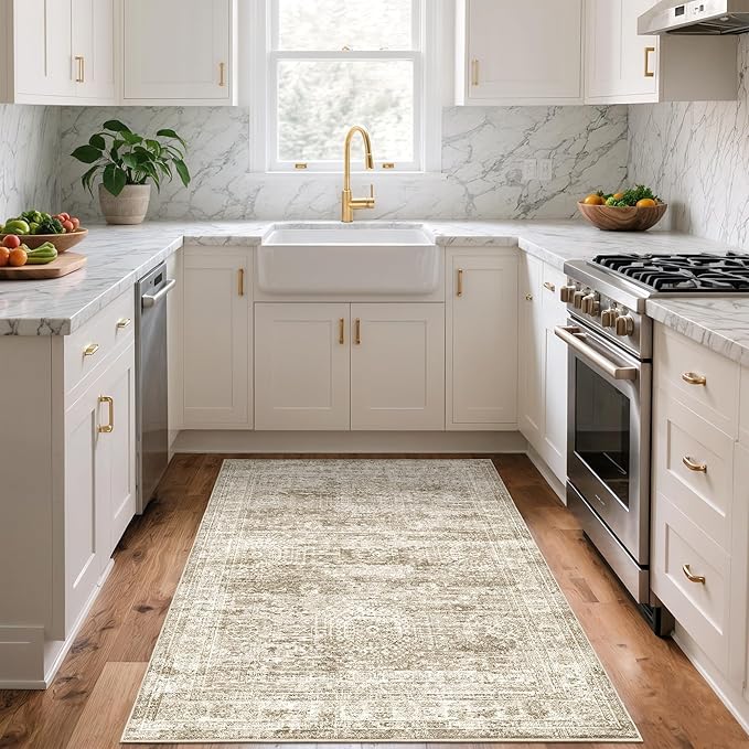 3x5 Washable Area Rug for Entryway, Soft Kitchen Rugs Non Slip for Dining Room, Vintage Abstract Living Room Rug, Thin Area Rugs Indoor for Bedroom, Kids Room Decor(3'x5', Brown/Ivory)