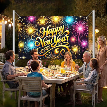 2026 Happy New Year Banner Fireworks Party Backdrop Gold Lettering New Year Eve Wall Decor Large Celebration Photo Background for Indoor Outdoor Holiday Events