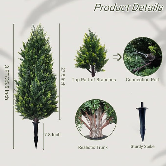 3FT Artificial Cedar Topiary Trees with Ground Spike Set of 2, UV Resistant Artificial Bushes Faux Cypress Trees for Indoor Outdoor Home Garden, Yard, Porch, Patio Decor (Extra Dense)