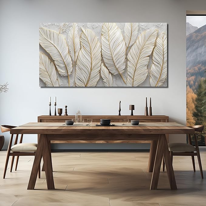 JuhaiArt White Picture Art Feather Canvas Wall Art Bedroom Gold Wall Decorations Art for Living Room Home Office 29" x 59" Artwork Prints