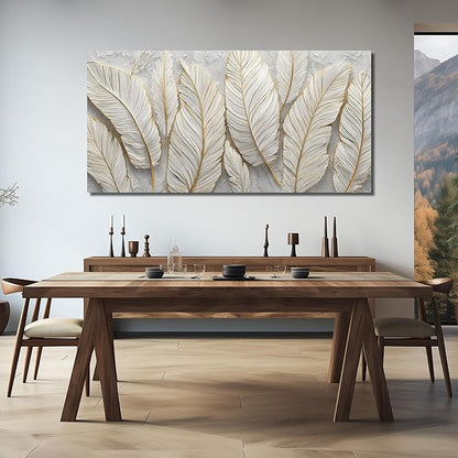 JuhaiArt White Picture Art Feather Canvas Wall Art Bedroom Gold Wall Decorations Art for Living Room Home Office 29" x 59" Artwork Prints