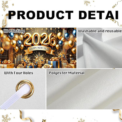Nuxovilar Happy New Year Banner, 2026 Golden Chandeliers Backdrop for Party Decorations, 71x43 Inch