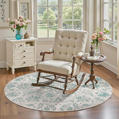 jinchan Classic Floral Round Rug 4ft Vintage-Inspired Design 4’Circle Rug, Machine Washable Ultra-Thin Low-Pile Non-Slip Indoor Carpet for Bedroom Dining Room Living Room Entryway