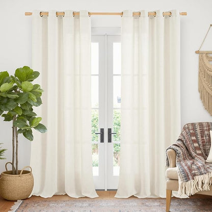 YoungsTex 95 Inch Length Ivory Linen Curtains Living Room, Semi Sheer Drapes Light Filtering with Bronze Grommet Privacy for Bedroom Farmhouse Window Decorative, 52 x 95 Inch, 2 Panels