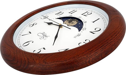 JUSTIME 14 Inch Exclusive Solid Oak Wood Non-Ticking Sweep Mechanical Specialty Moon Phase Moving Dial Wall Clock, Gift, Home Décor