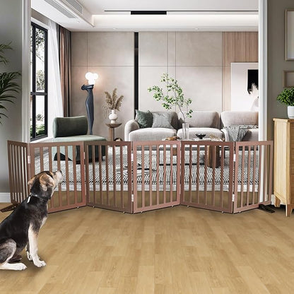 Dog Gate Indoor, Freestanding Dog Fence for The House, Doorways, Hallways,or Stairs,Pet Gate Foldable Wooden,Expandable 24" Height 6 Panels,Brown