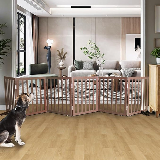 Dog Gate Indoor, Freestanding Dog Fence for The House, Doorways, Hallways,or Stairs,Pet Gate Foldable Wooden,Expandable 24" Height 6 Panels,Brown