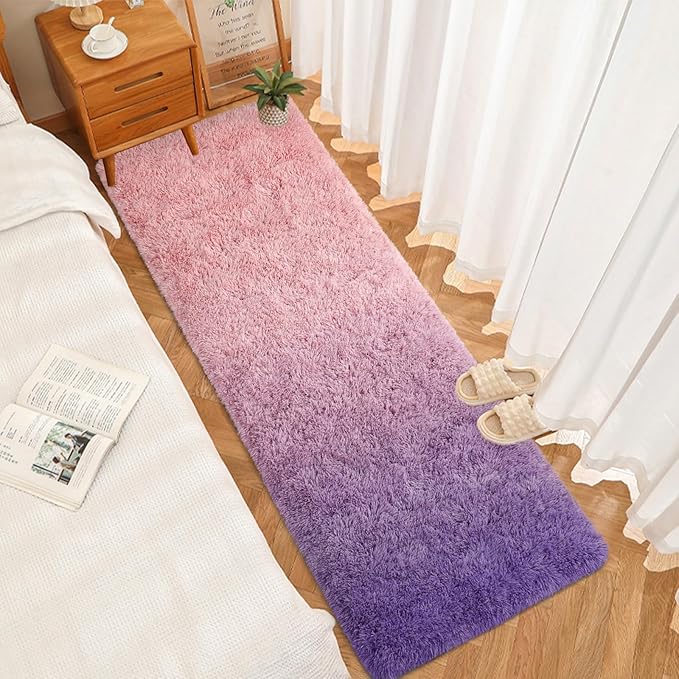 DweIke Luxury Shaggy Runner Rugs for Bedroom, 2x6 Feet Fluffy Runners Carpet for Girls Boys Kids, Non-Slip Extra Comfy Plush Bed Beside Rug for Living Room Nursery Home Decor, Pink and Purple