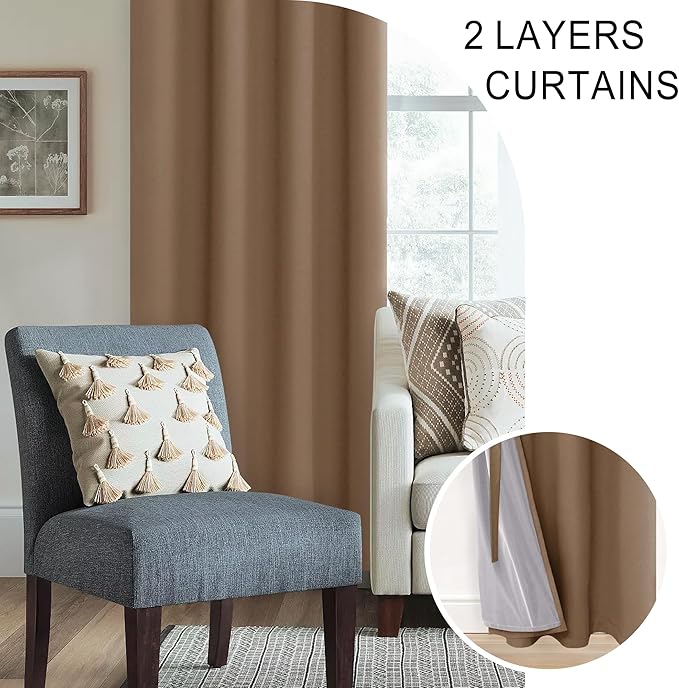 XWZO 100% Blackout Curtain Panels - Thermal Insulated Black Liner Curtains, Noise Reducing and Heat Blocking Drapes for Hall and Studio Windows with Tiebacks, Cappuccino, W42 x L84, Set of 2