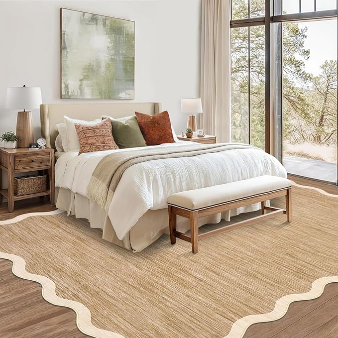 GarveeHome Scalloped Washable Rugs 10x13 Rug for Living Room Modern Bedroom Rug Brown Large Area Rug Non Slip Throw Rugs Soft Low Pile Stain Resistant Carpet for Dorm Dining Room 10'x13' Light Brown