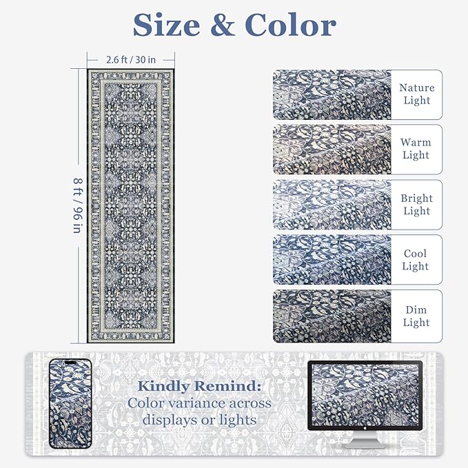 Blue 2'6''x8' Kitchen Runner Rug, Transitional Runners for Hallways Non Slip Washable, Low Pile Thin Entryway Runner Rug Indoor Foyer Mudroom Bathroom Bedroom, Floral Trellis Printed