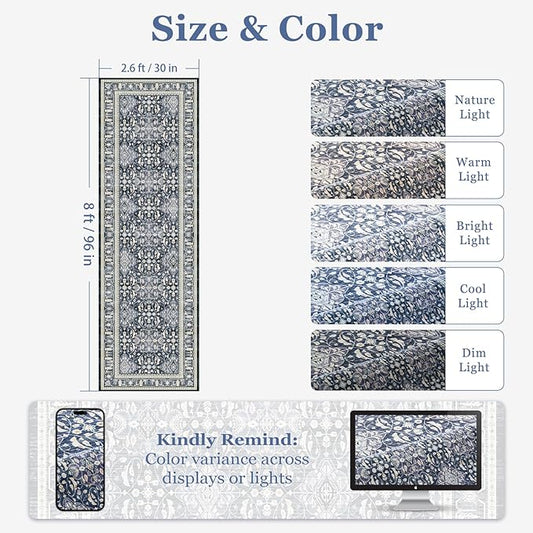 Blue 2'6''x8' Kitchen Runner Rug, Transitional Runners for Hallways Non Slip Washable, Low Pile Thin Entryway Runner Rug Indoor Foyer Mudroom Bathroom Bedroom, Floral Trellis Printed