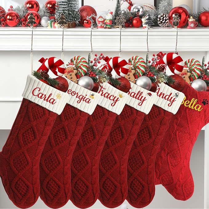 Personalized Christmas Stockings,Custom Embroidered Name+Logo Xmas Knitted Stockings 18'',Holiday and Family Stocking for Fireplace Christmas Holiday Party Decoration 1-6Pack（Red White）