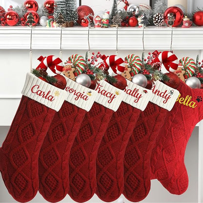 Personalized Christmas Stockings,Custom Embroidered Name+Logo Xmas Knitted Stockings 18'',Holiday and Family Stocking for Fireplace Christmas Holiday Party Decoration 1-6Pack（Red White）