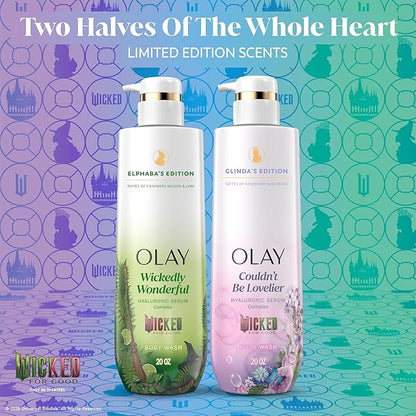 Olay Body Wash for Women, Wickedly Wonderful Elphaba’s Edition, Intensely Hydrating & Renewing, Pro-Hyaluronic Acid Serum with Vitamin B3, For All Skin Types, Cashmere Woods & Lime Scent, 20 fl oz