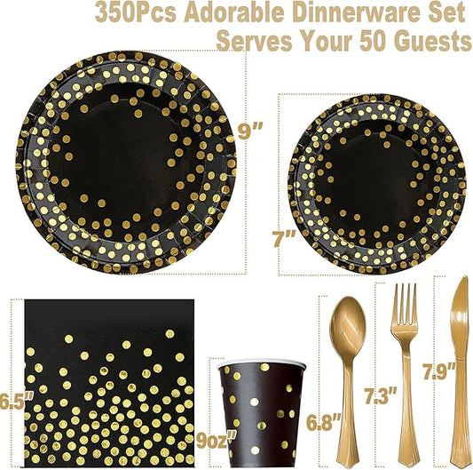 AIRE 350PCS Black and Gold Paper Plates Party Supplies for 50 Guests Party Decorations Disposable Dinnerware Golden Dot Paper Plates Napkins Cups Gold Plastic Forks Knives Spoons for Birthday Wedding