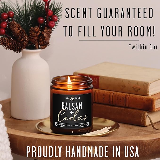 Balsam Candle, Christmas Candles Scented - 'Balsam + Cedar' Soy Candle, w/Balsam Fir, Cedar & Citrus - Infused with Essential Oils I Balsam Fir Candles I 9oz, 50Hr, Made in USA
