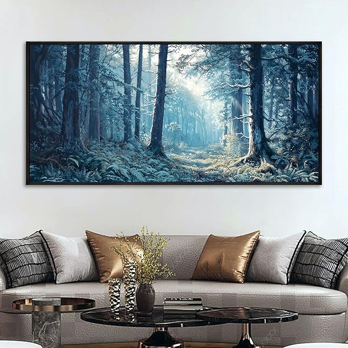 KLAKLA Large Canvas Wall Art - Forest Wall Decor Amazon Wall Art Landscape Blue Tree Picture Framed Artwork for Walls Living Room Bedroom Office - 58x29 Inches