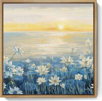 amatop Bathroom Decor Wall Art Framed Canvas Wall Art Modern Beach Coastal Floral Sunset Boho Ocean Artwork Blue Yellow Lotus Flower Zen Wall Picture for Bedroom Kitchen Office Small