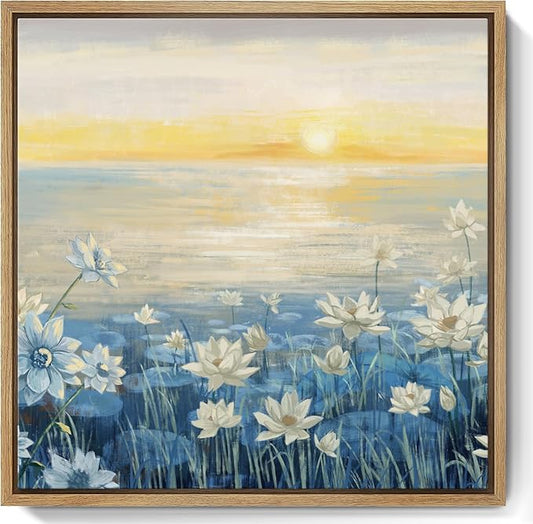 amatop Bathroom Decor Wall Art Framed Canvas Wall Art Modern Beach Coastal Floral Sunset Boho Ocean Artwork Blue Yellow Lotus Flower Zen Wall Picture for Bedroom Kitchen Office Small