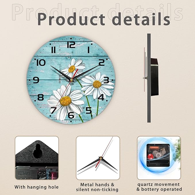 Daisy Flowers Wall Clock Vintage Wooden Wall Clock Silent Non-Ticking Battery Operated Arabic Numerals Wall Clocks Decorative for Kitchen, Office, Classroom 10 Inch