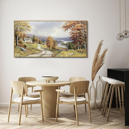 KLAKLA Landscape wall art - Autumn Rustic Field Burnt Orange Tree Landscape PictureC anvas Frame Artwork Farm Log Cabin Farm Wall Decor for Living Room Bedroom Office - 40x20 Inches