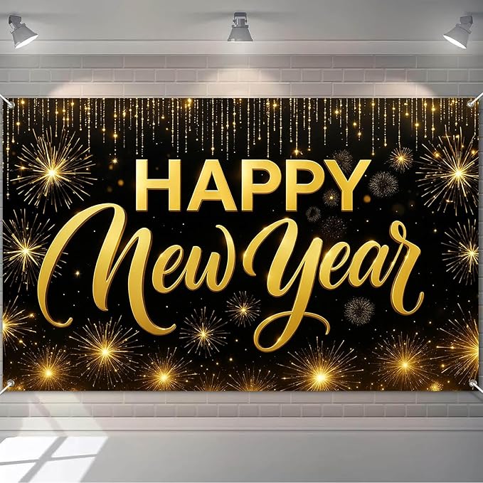 Happy New Year Backdrop Black and Gold Fireworks Banner Glitter Photography Background 71x43 Inches Indoor Outdoor Party Decoration New Year Eve Celebration Supplies