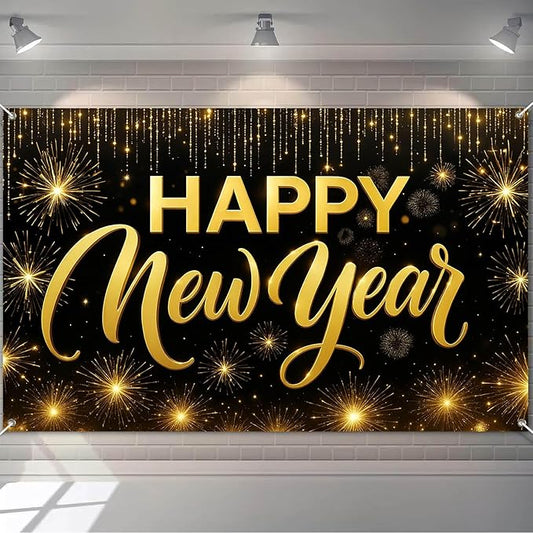 Happy New Year Backdrop Black and Gold Fireworks Banner Glitter Photography Background 71x43 Inches Indoor Outdoor Party Decoration New Year Eve Celebration Supplies