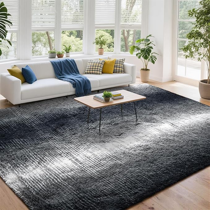DweIke Luxury Fluffy Kids Rugs for Living Room Bedroom, 4x6 Feet Shaggy Black and White Area Rug for Girls Boys, Upgrade Plush Non-Slip and Washable Colorful Fuzzy Carpet for Dorm Nursery Decor