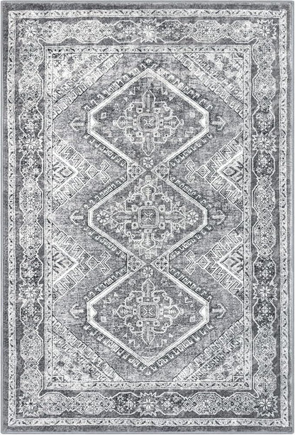 KUTA Rugs for Entryway Oriental Small Washable Area Rug 2x3 Grey Non-Slip Ultra Soft Printed Vintage Distressed Tribal Low-Pile Indoor Door Mat Carpet for Entrance Bedroom Kitchen