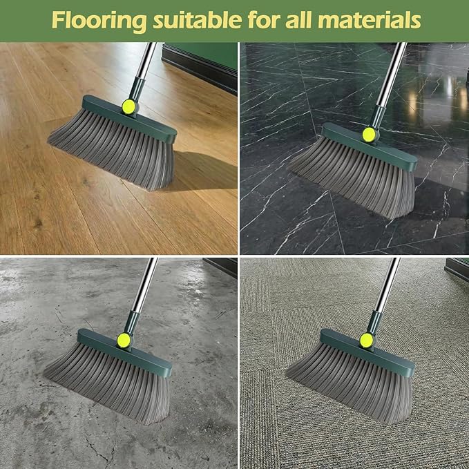 Broom and Dustpan Set – Stainless Steel Long-Handled Broom, Upright Broom with Self-Cleaning Hair Dustpan Teeth, Indoor & Outdoor Use, Suitable for Office, Kitchen & Bathroom
