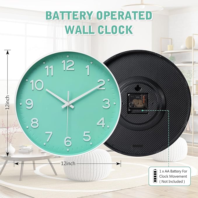MEIRED Wall Clock 12 Inch Silent Non Ticking Battery Operated Round Wall Clock Modern Simple Style Decor Clock for Home/Office/School/Kitchen/Bedroom/Living Room, Bean Green and White