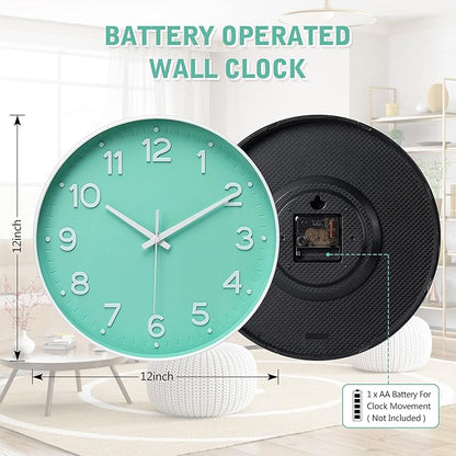 MEIRED Wall Clock 12 Inch Silent Non Ticking Battery Operated Round Wall Clock Modern Simple Style Decor Clock for Home/Office/School/Kitchen/Bedroom/Living Room, Bean Green and White