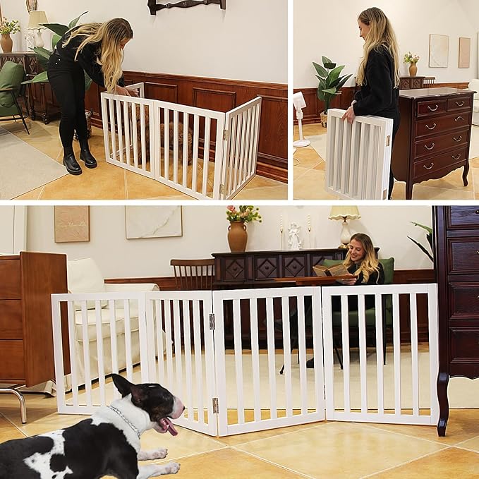 Dog Gate Indoor, Freestanding Dog Fence for The House, Doorways, Hallways,or Stairs,Pet Gate Foldable Wooden,Expandable 32" Height 6 Panels,White