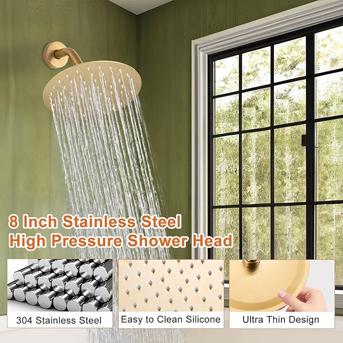 HUCKLE Shower Head, 8-Inch Gold Shower Faucet with Valve, Single-Handle Rainfall Shower Trim Kit, Matte Black Shower Fixtures for Bathroom