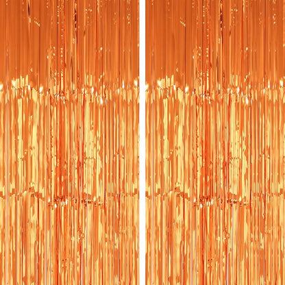 2 Pack 3.2x8.2 Feet Orange Foil Fringe Backdrop Curtains, Metallic Tinsel Photo Booth Backdrop Streamers Birthday Party Decorations, Halloween Baby Shower Disco Basketball Party Supplies