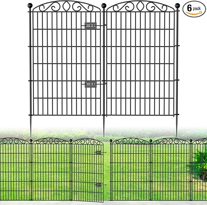 Decorative Garden Fence 6 Panel with Gate - 42in H x 12.78ft L, No Dig Rustproof Metal Tall Animal Barrier for Dogs Rabbits, Outdoor Border for Yard, Patio, and Flower Beds