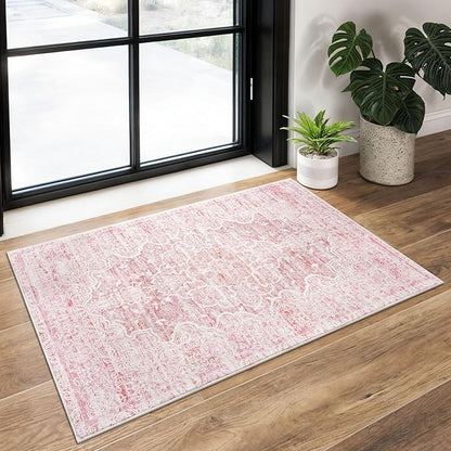 KUTA Vintage Entryway Rug - Indoor Pink Washable 2x3 Non-Slip Ultra Soft Printed Oriental Floral Doormat Accent Rug for Entrance and Bedroom Nursery