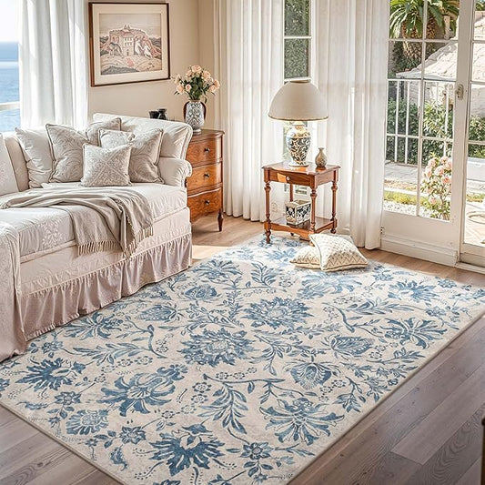 jinchan Floral 5x7 Area Rugs, Vintage-Inspired Design Accent Rug, Machine Washable Ultra-Thin Low-Pile Non-Slip Traditional Carpet for Living Room Bedroom Dining Room Home Office, Turquoise